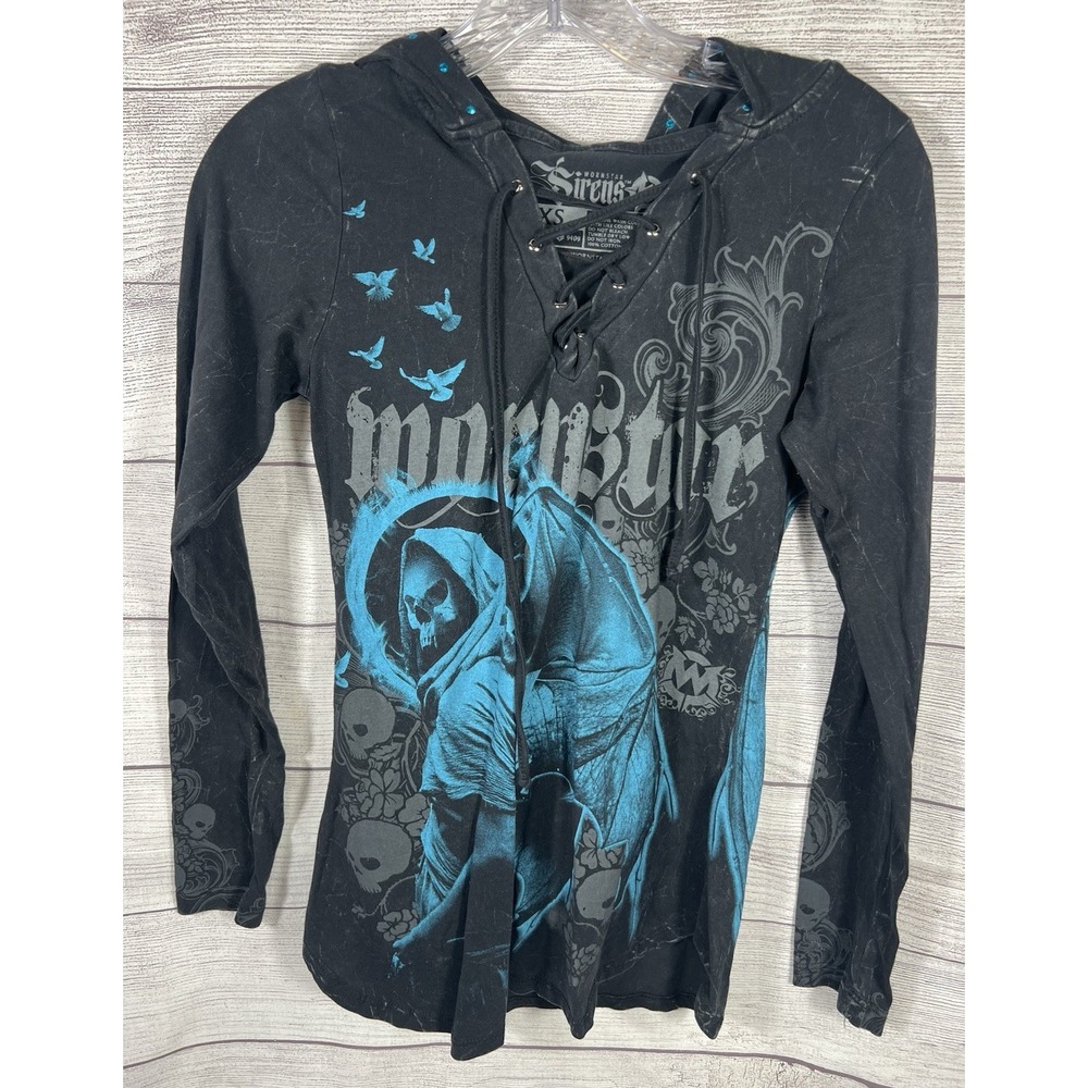 Wornstar Sirens Angel Graphic Hoodie Womens XS Black Gothic Streetwear Grunge